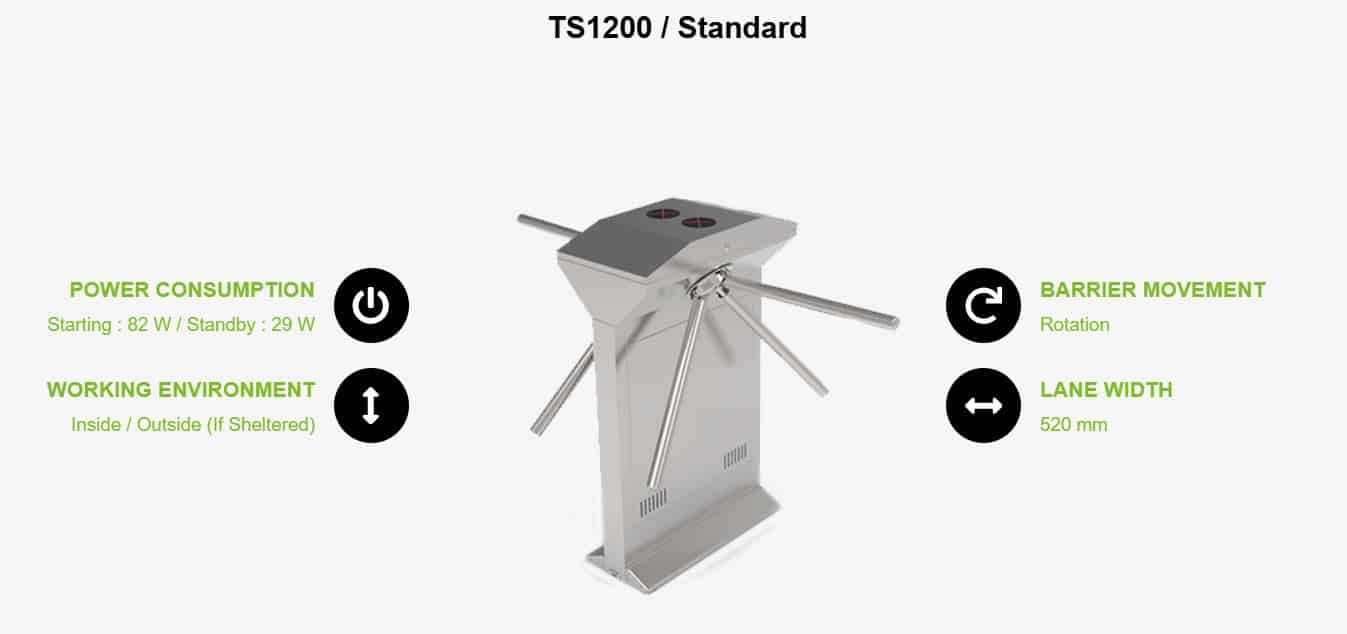 Cổng xoay 3 càng 2 làn đường ZKTeco TS1200 Kiểm soát an ninh