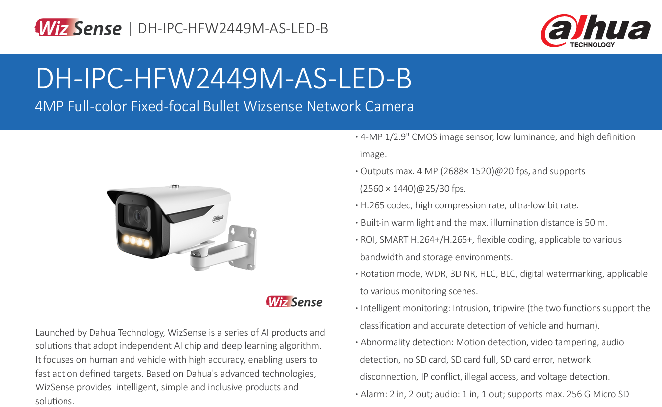 DH-IPC-HFW2449M-AS-LED-B là dòng camera bullet cố định với độ phân giải 4MP