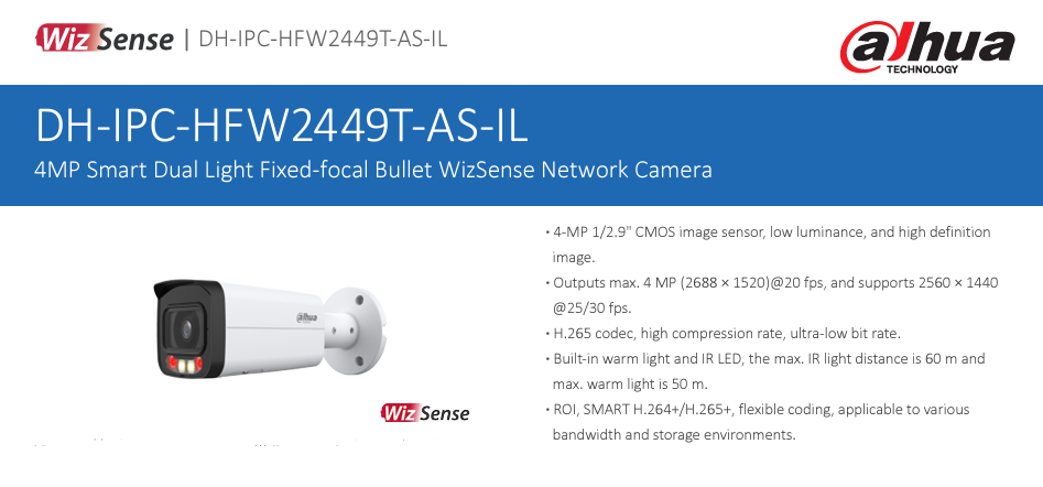 DH-IPC-HFW2449T-AS-IL thuộc dòng WizSense, sử dụng công nghệ AI và thuật toán học sâu