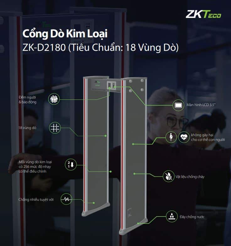 Cổng Dò Kim Loại ZKTeco ZK-D2180 - 18 Vùng Phát Hiện, Hỗ Trợ Cảnh Báo Tự Động