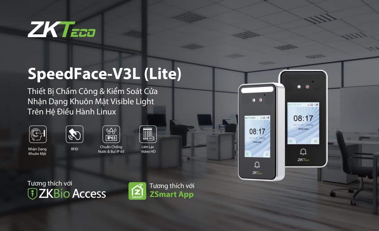 Thiết Bị Chấm Công Kiểm Soát Cửa Khuôn Mặt ZKTeco SpeedFace-V3L (Lite) - Xác Thực Vân Tay