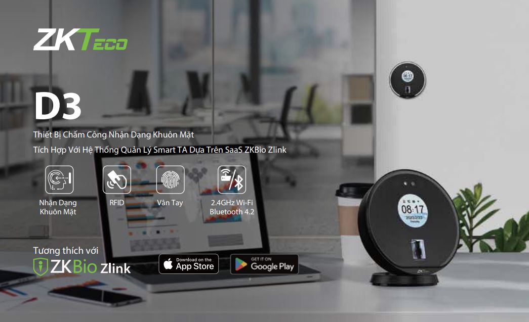 Máy Chấm Công Khuôn Mặt ZKTeco D3 - Xác Thực Vân Tay, Thẻ Từ, Quản Lý Cloud Với ZKBio Zlink