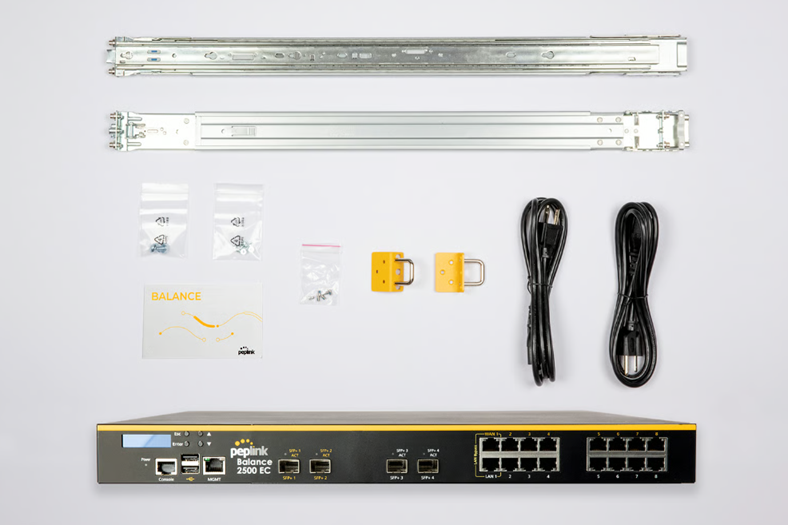 Thiết bị Peplink Balance 2500 EC cùng phụ kiện lắp rack chuẩn 1U đi kèm