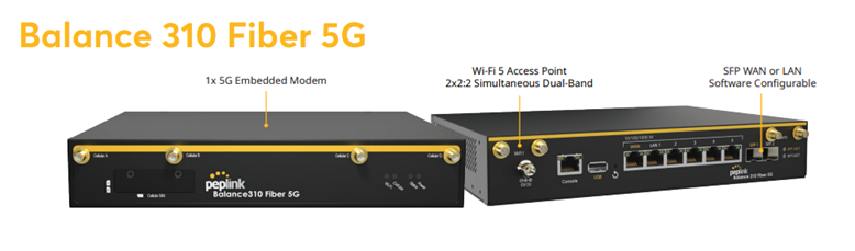Hệ thống cổng kết nối và modem 5G tích hợp trên Router WiFi Peplink Balance 310 Fiber 5G