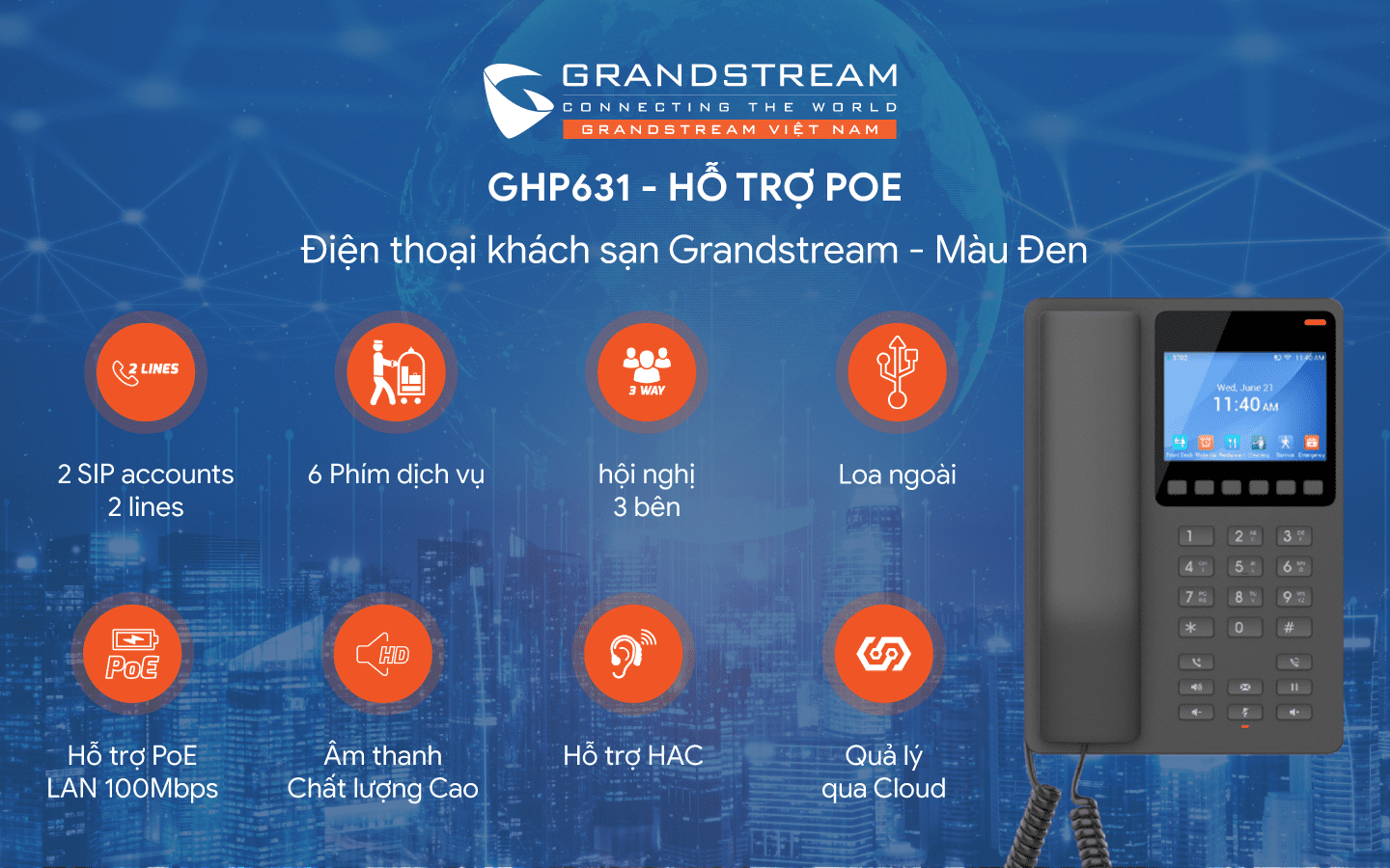 Điện thoại khách sạn màu đen hỗ trợ PoE GHP631