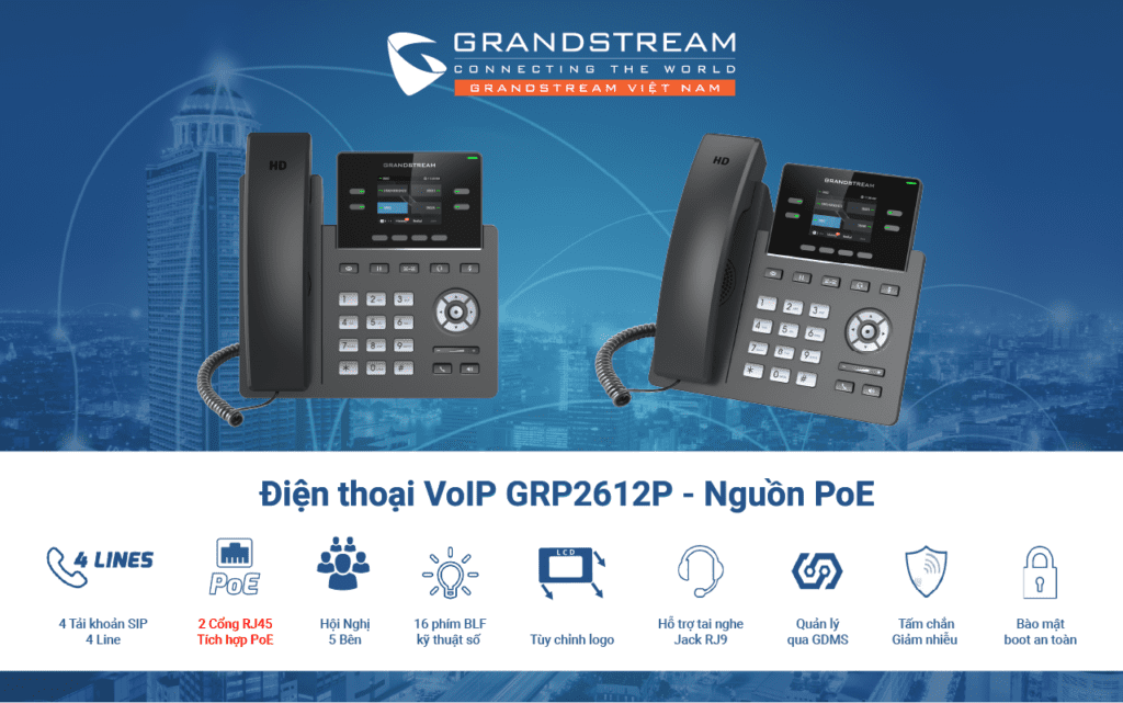 Điện thoại IP GRP2612P nguồn PoE, 4 tài khoản SIP