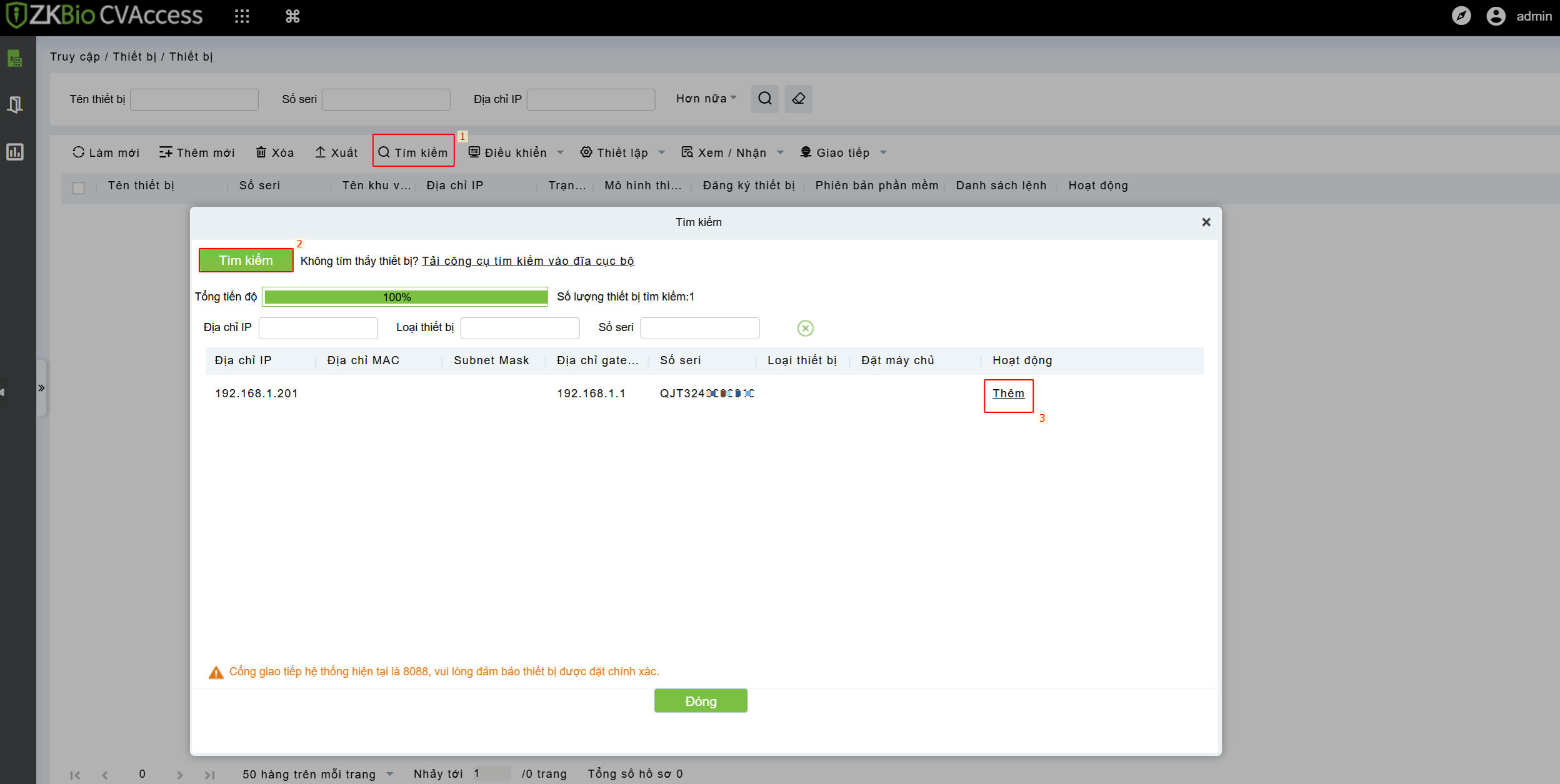 Tìm kiếm thiết bị trên phần mềm