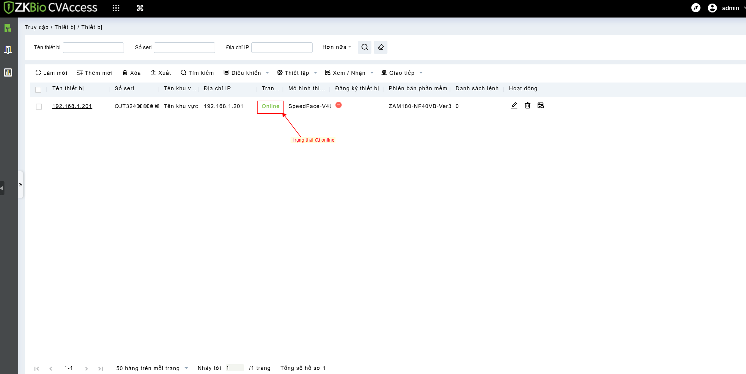 Trạng thái thiết bị đã online trên phần mềm